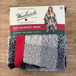 Woolrich Cozy Blanket Wrap in Black, Gray, and White with Red Accent